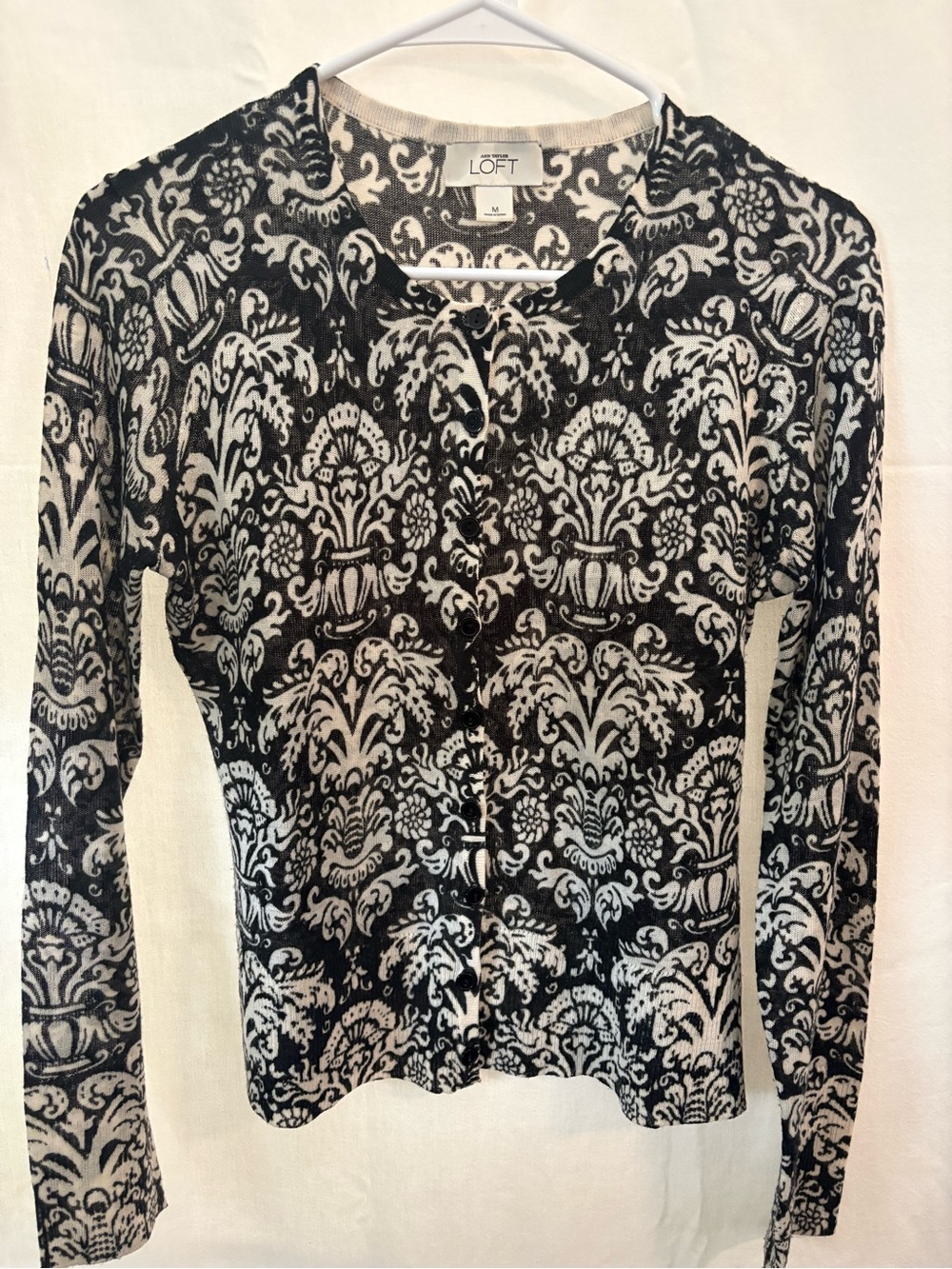 LOFT Black and White Damask Button-Front Cardigan